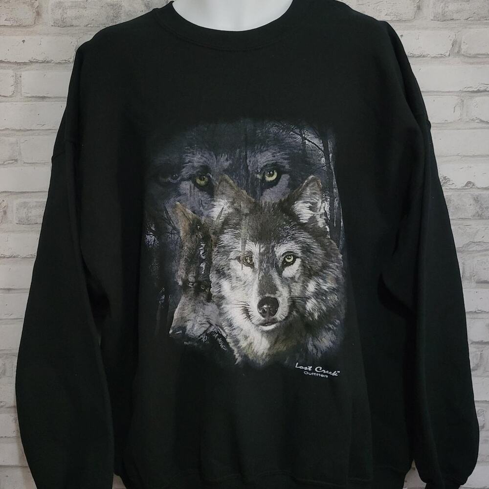 Gildan Vtg Wolf Front Print Lost Creek Sweater Mens Pullover Crew Neck 2XL